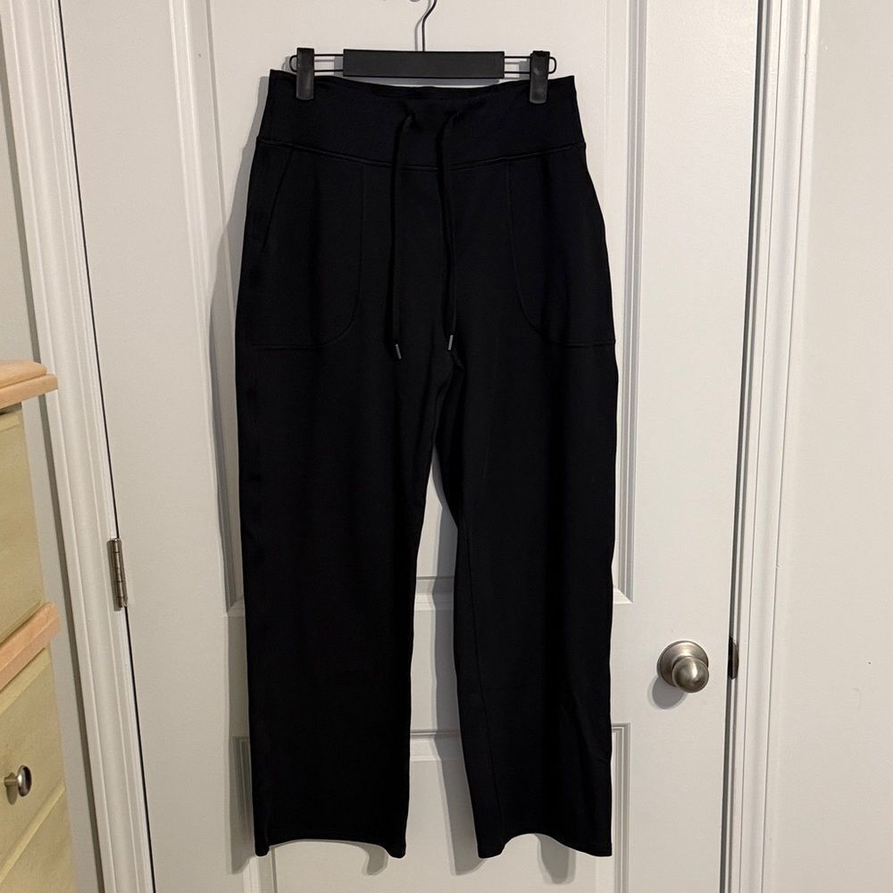 G4Free Wide Leg Fleece Lined Women Drawstring Pants with Pockets, Size L, Black